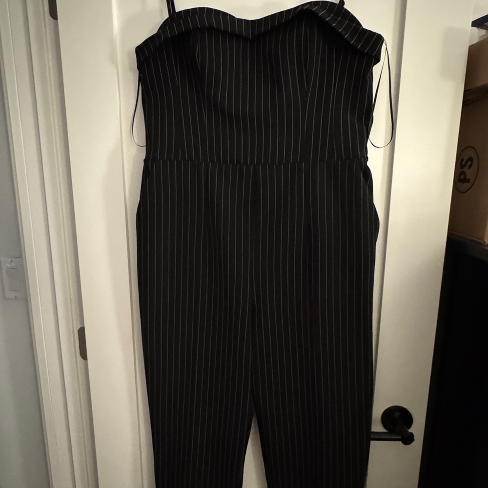 Express Black and White Pinstripe Strapless Jumpsuit